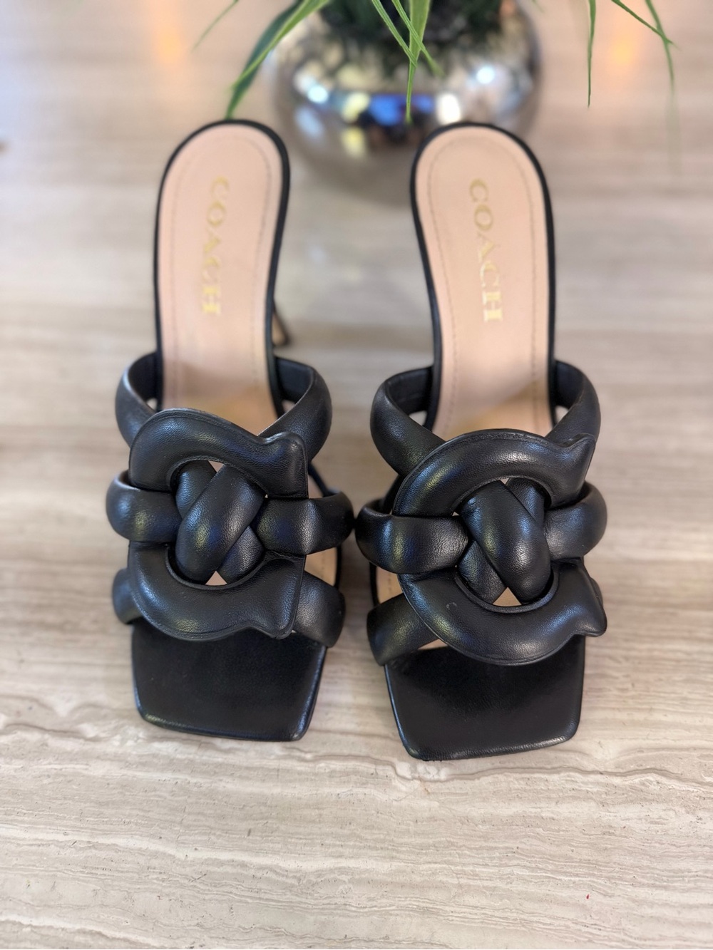 Coach Black Knotted Leather Slide Sandals